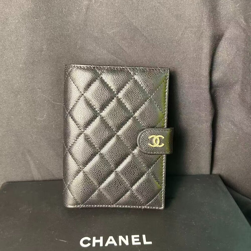 Chanel Classic Quilted Caviar Leather Passport Holder — Black with Gold CC